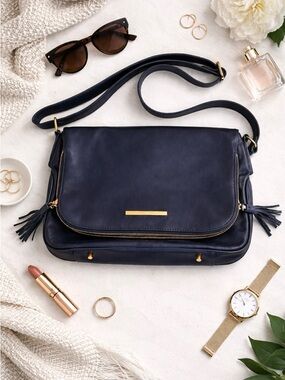 Jack French Navy Leather Shoulder Bag | Tassel Detail | Purple Lining